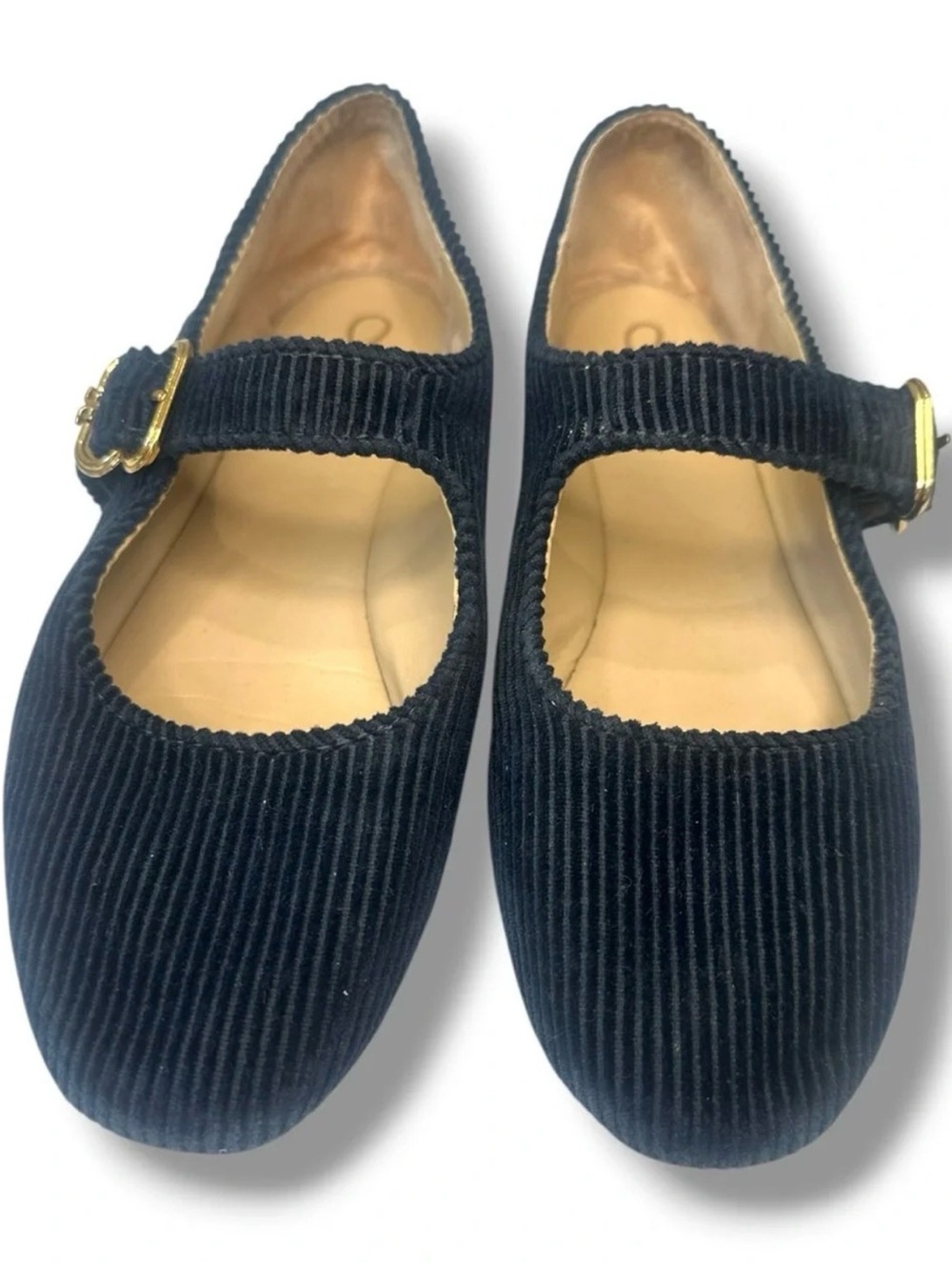 Sam Edelman Navy Corduroy Mary Jane Flats with Gold Buckle